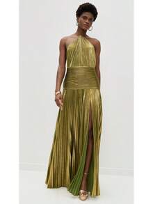 Women's Gold Halter Backless Party Long Dress With Slit Elegant & Sexy Sleeveless Prom Gown - 金色 - 查看 6