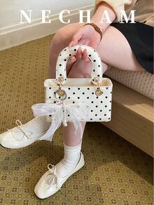 1pc Fashionable Scarf Strap Decor Polka Dot Shoulder Bag, Korean Ins Style - White - View 8