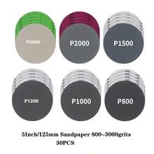 30pcs 125mm 5 Inch Wet/Dry Sandpaper, 800-3000 Grit Assorted, Waterproof Silicon Carbide Abrasive, Hook And Loop Backing Durable Sandpaper Sheets, Suitable For Car Metal Polishing And Orbital Sanders - Grey - View 2
