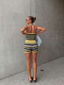 Spring/Summer Y2K Color Block Striped Knit 2-Piece Set, Halter Neck Cropped Top & High-Waist Bodycon Shorts, Suitable For Dating And Daily Wear - Mustard Yellow - View 8