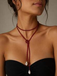 1pc French Elegant Retro Niche Design Asymmetric Pearl Crystal Necklace, Versatile Long Collarbone Chain, Suitable For Daily, Party, Travel And Other Occasions - A - View 3