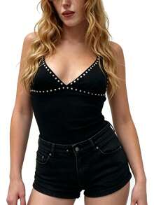 Womens Rivets Studded Halter Neck Plunge Cami Top Self-Tie Spaghetti Straps V-Neck Cut Out Front Crop Tank Top Camisole Vest Y2K Streetwear Party Tops - F216717-黑色 - 查看 4