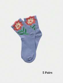 1/5 Pair Cute Floral Pattern Women's Mid-Calf Socks, Casual Ladies Socks, Breathable, Autumn - Multicolor - View 20