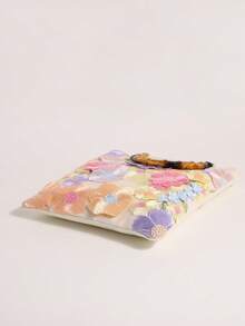 1個花卉圖案網格刺繡提花復古竹柄托特包，亞麻底布，適合海灘、度假、旅行、搭配洋裝休閒穿著，花卉圖案隨機剪裁 - 粉色 - 查看 8