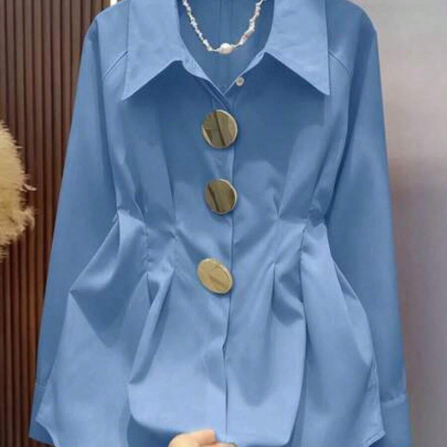 Blusa de manga raglán con hebilla metálica decorativa de estilo vintage, casual bohemio de negocios, adecuada para bodas, fiestas, vacaciones, San Valentín, Año Nuevo, color albaricoque primaveral - Celeste - Ver 1