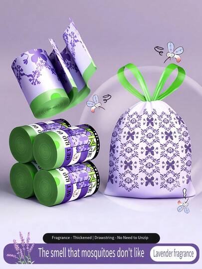 1pc/50pcs/100pcs Lavender Scented Drawstring Trash Bags, Thickened Large Size, Multi-Purpose High-Density Polyethylene Disposable Odor-Absorbing Garbage Bags, Suitable For Kitchen, Bathroom, Bedroom, Living Room And Toilet