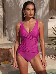 Swim Basics Traje de baño de una pieza de estilo simple de unicolor para mujer de playa de verano para vacaciones - Rosa Fucsia 2 - Ver 7