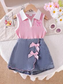 2pcs Girls Casual Colorblock Lapel Sleeveless Top & Bow Denim Skirt Shorts Set, Summer - Pink - View 2