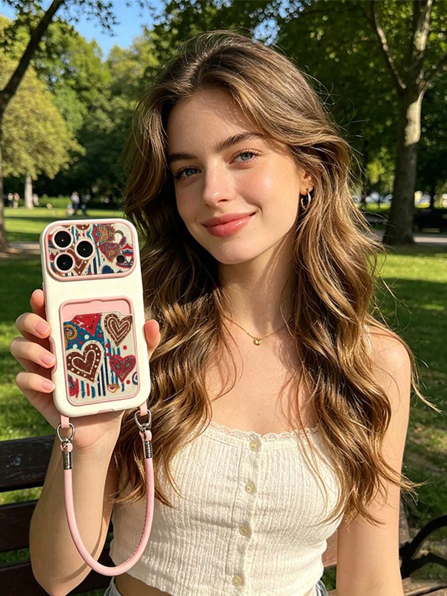 [Colorful Line Heart Print] Fresh Summer Breeze Card Holder Phone Case With Lanyard, Supports Card Insertion, Compatible With IPhone 11/12/13/14/15/16/17 Pro/Pro Max, Full Camera Protection Anti-Drop Case - Multicolor - View 1