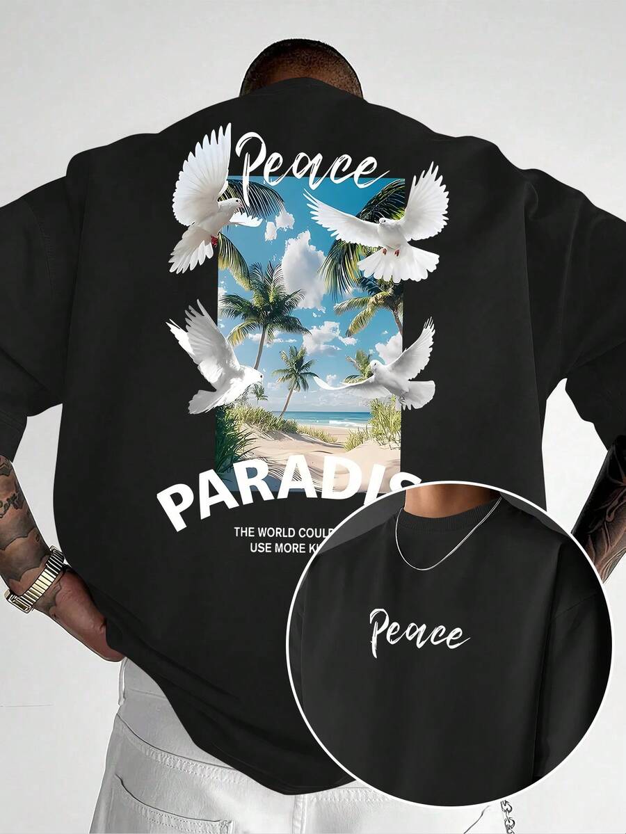 Camiseta Casual de Manga Corta para Hombre - Estampado Gráfico con Temática de Paloma y Paraíso, Estampado de Doble Cara de Paloma Blanca Fresca de Estilo Costero, Camiseta de Marca Moderna y Estética, Top Versátil, Lavable a Máquina, Ajuste Cómodo, Material Transpirable, Camiseta Casual  2026, Camiseta Gráfica, Camiseta Unisex - Negro - Ver 1