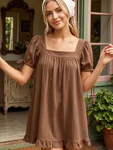 Coffee Women's A-Line Square Neck Puff Sleeve Babydoll Dress Lace Trim Ruffle Hem Dress Summer Casual Flowy Dress For Beach Vacation - 咖啡 - 查看 3