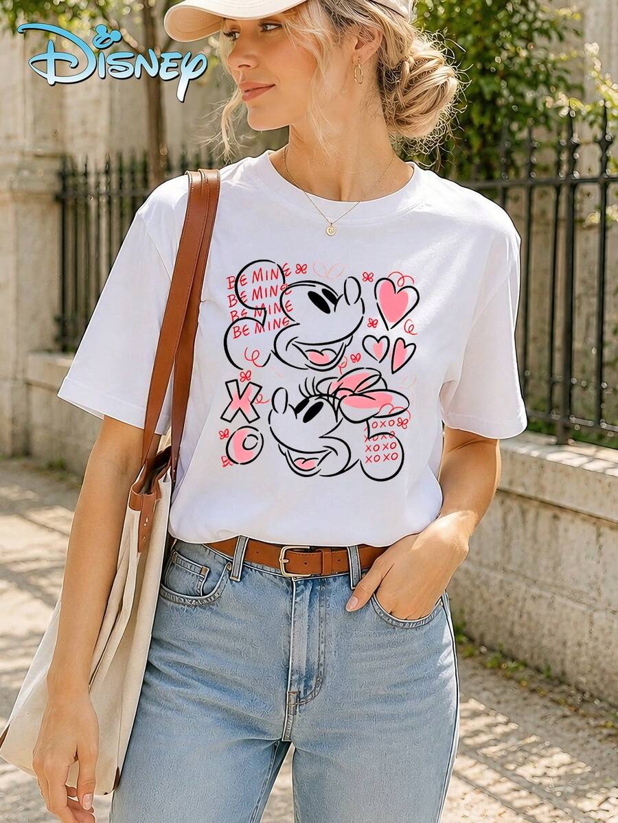 Women's Disney Casual T-Shirt With Mickey And Minnie Mouse Couple Line Drawing Print, Romantic Valentine's Day Style, Comfortable And Soft Skin-Friendly Fabric, Simple Yet Full Of Love, Perfect For Theme Park Outings And Everyday Wear. - trắng - Xem 1