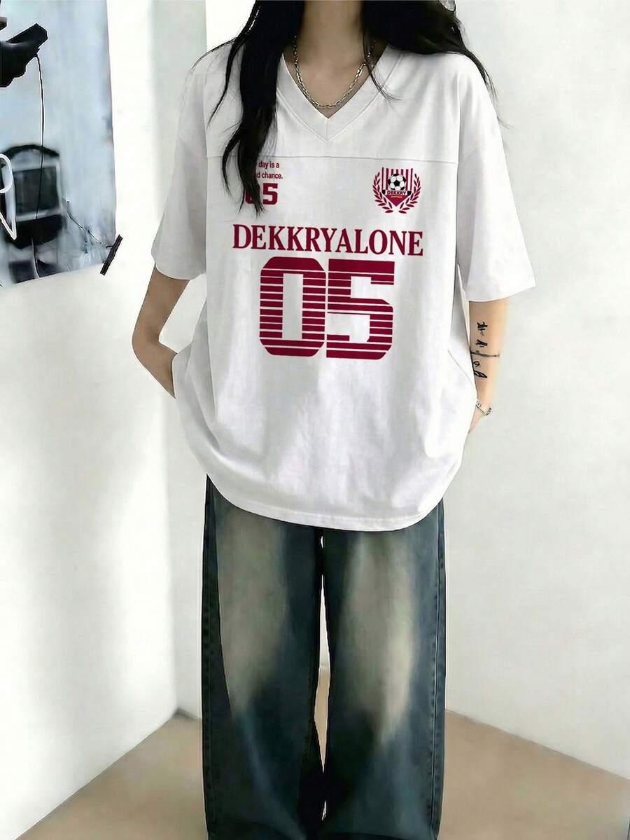 女款時尚寬鬆休閒復古V領字母印花短袖T恤,夏季百搭白色 - 白色 - 查看 1