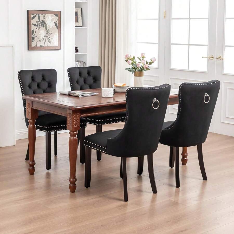 Mid Century Modern Dining Chair Set Of 4 Velvet Upholstered Dining Room Chair Farmhouse Dining Accent Chairs With High Back And Nailhead Trim For Kitchen, Living Room, Bedroom (Black) - Black - View 1
