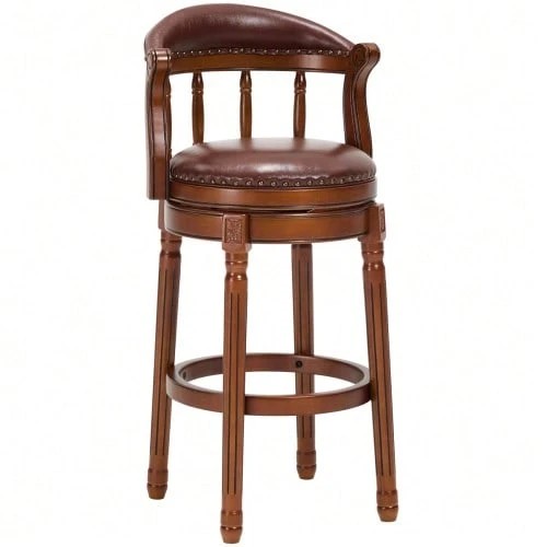 Wooden Bar Stool With Cowhide Upholstery, 360° Swivel, With Backrest, For The Kitchen Counter, Modern Bar Stool - Brown - View 1