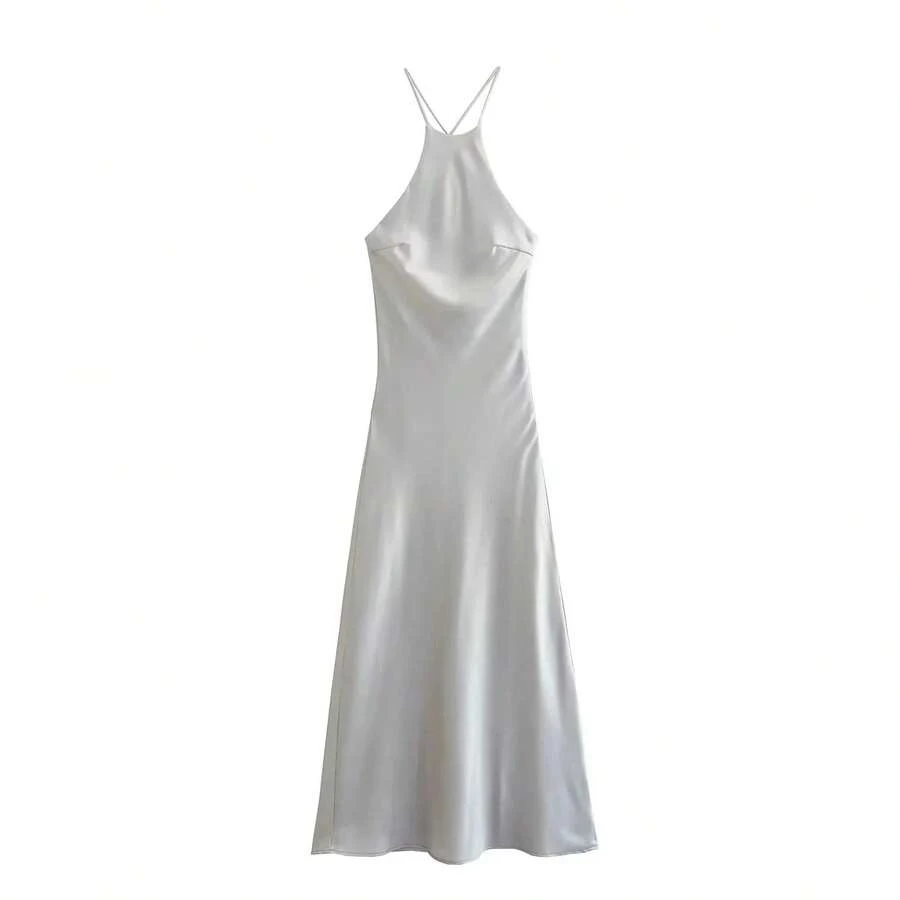 2025 nuevo vestido de verano para mujer, vestidos largos sin espalda con cuello Halter de satén liso, vestido de noche Vintage elegante y para mujer - Gris plateado - Ver 1