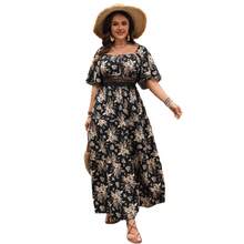 Nuevo Vestido Vintage de Primavera con Cuello Cuadrado Estampado de Talla Grande y Manga Corta - Verde - Ver 4