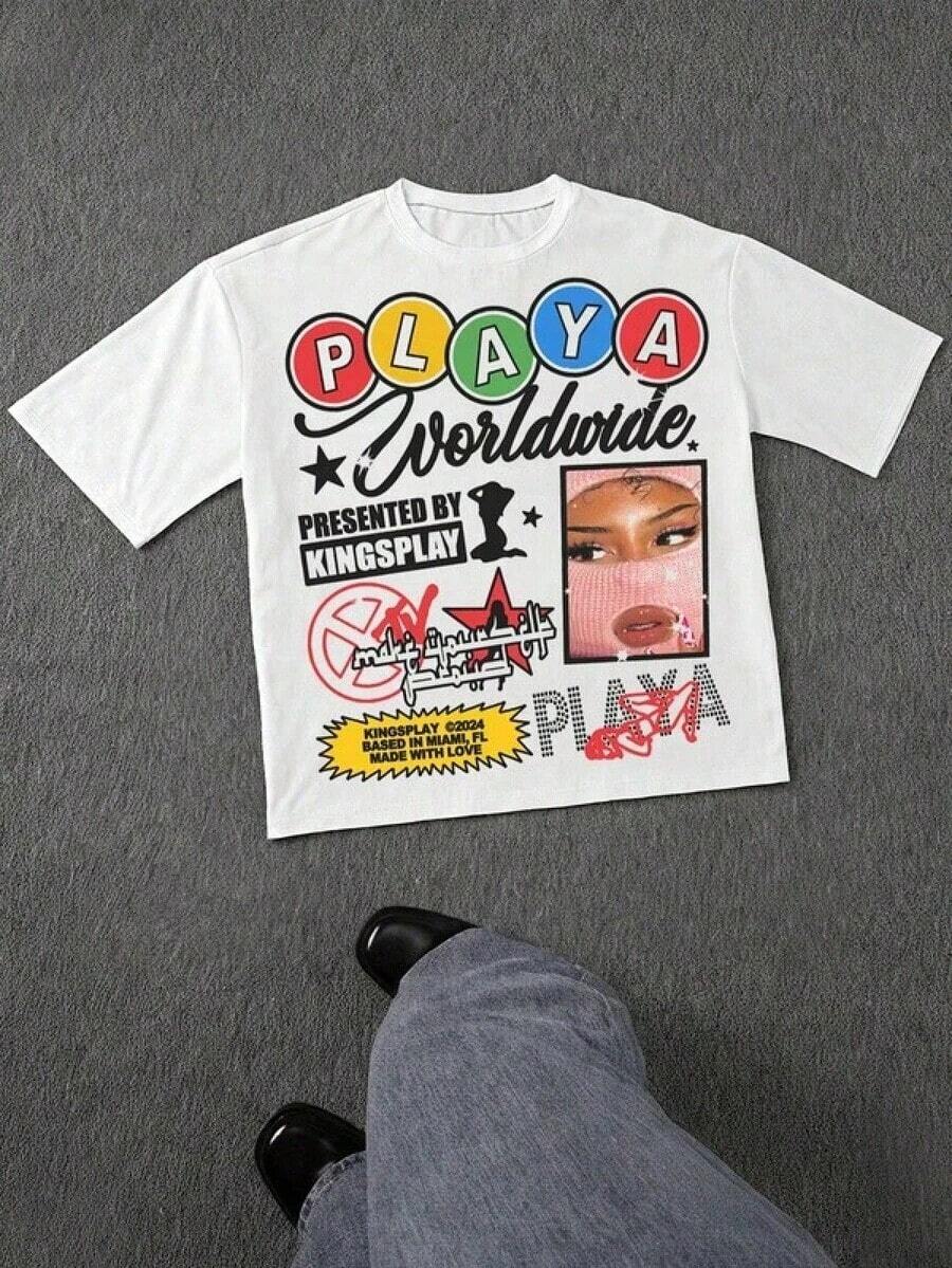 Camiseta estampada, camisetas de algodón con gráficos, tallas grandes, cuello redondo de dibujos animados, manga corta, camiseta casual de algodón 100% para hombre, top para vacaciones de verano, camisetas con gráficos divertidos, ropa urbana Y2K, regalos para novio y esposo, Y2K, camisa oversize para hombre, con camisa, tops de verano, camisa adecuada. - Negro - Ver 1