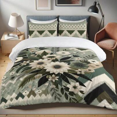 Sage Duvet Cover Set, Blooming Botanical Mellow Bouquet With Flowers And Branches  Comfortable 3 Piece Bedding Set With 2 Pillow Shams, King Size, Pale Green Olive Green