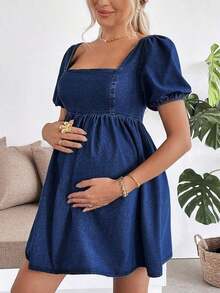 Vestido corto de maternidad de mezclilla azul con mangas de pétalo - Azul lavado oscuro - Ver 5
