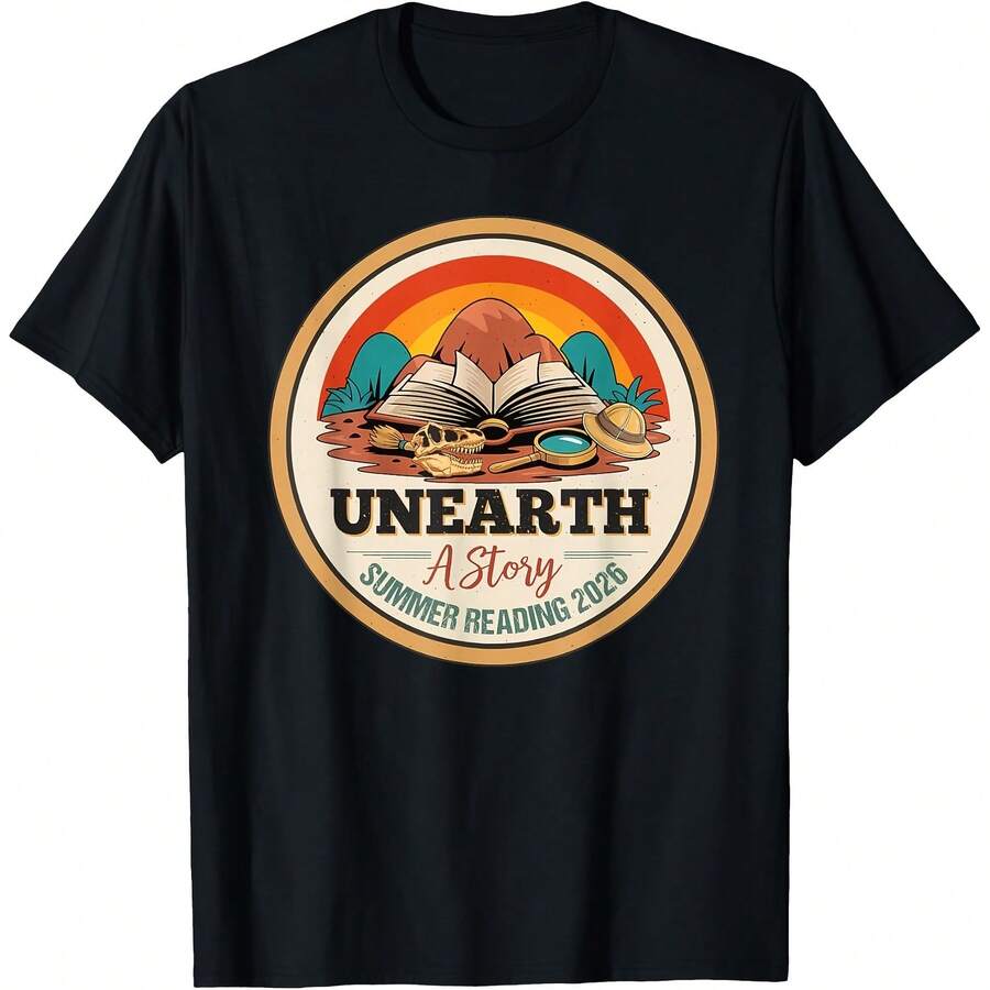 Unearth A Story Summer Reading 2026 Library Program Dinosaur T-Shirt - Black - View 1