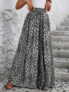Women's Wide Leg Trousers With Elastic Waist And Print - Light Grey - View 5