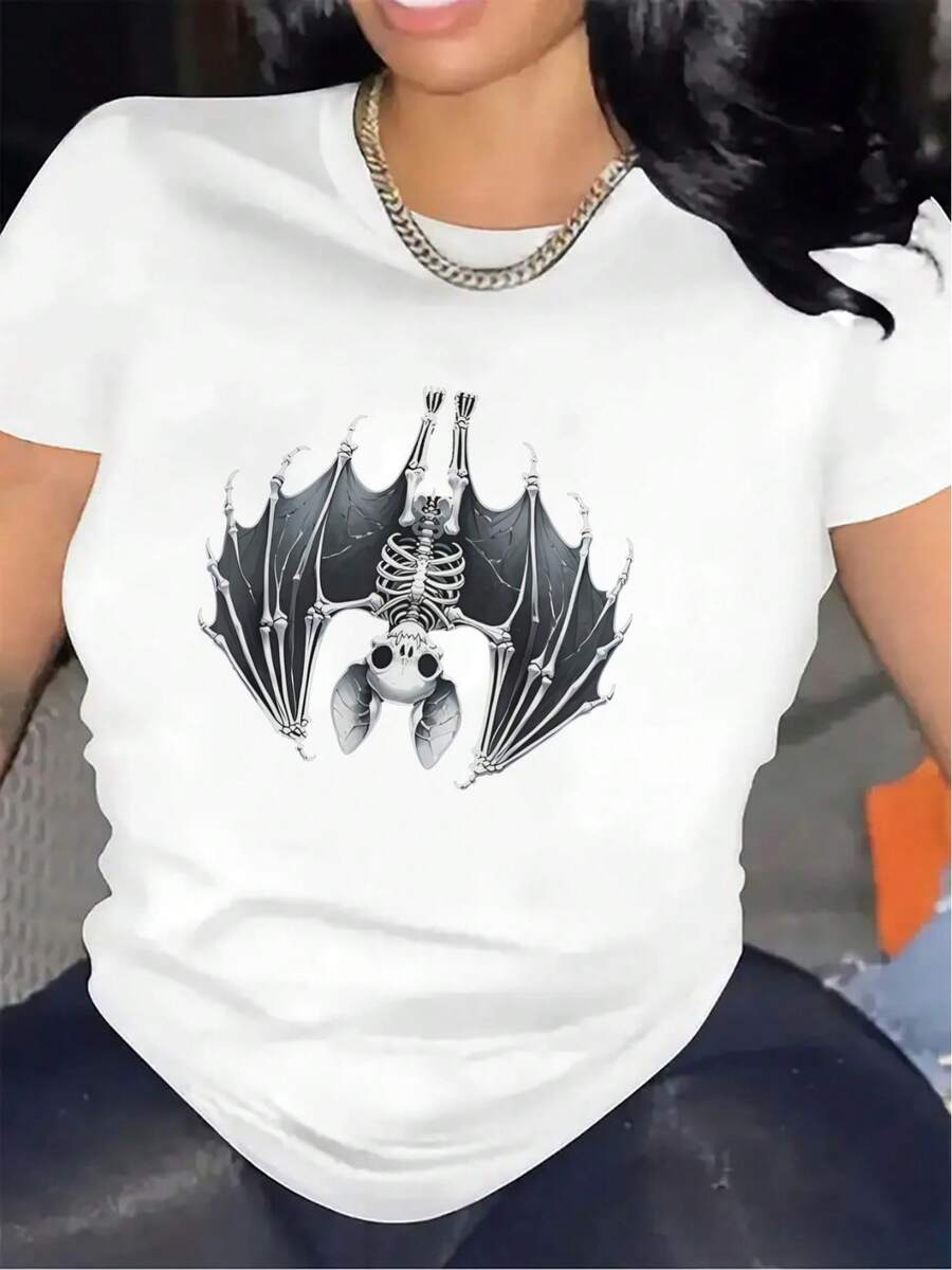 Camiseta gráfica con un murciélago esqueleto gótico - Camiseta de manga corta moderna para primavera y verano - [Blanco] - Ver 1