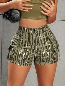 Y2K Style Women's Summer Shorts, Elastic Waist With Back Ruffle Pocket Decor, Casual Comfortable Cargo Shorts With Vacation Vibe - Camouflage - View 5