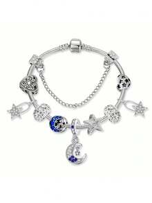 1pc Teen Crafted Fashionable Couple's Style Blue Moon And Stars Lock Polymer Clay Soft Clay Heart Cutout Beaded Pendant For DIY Snake Chain Bracelet Making - Multicolor - View 5