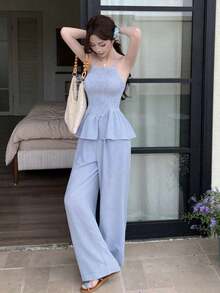 Conjunto de top sin mangas con volantes y espalda descubierta, y pantalones rectos casuales, elegante para ir al trabajo, romántico, playa, vacaciones - Conjunto de ropa de mujer para primavera y verano - Azul - Ver 6