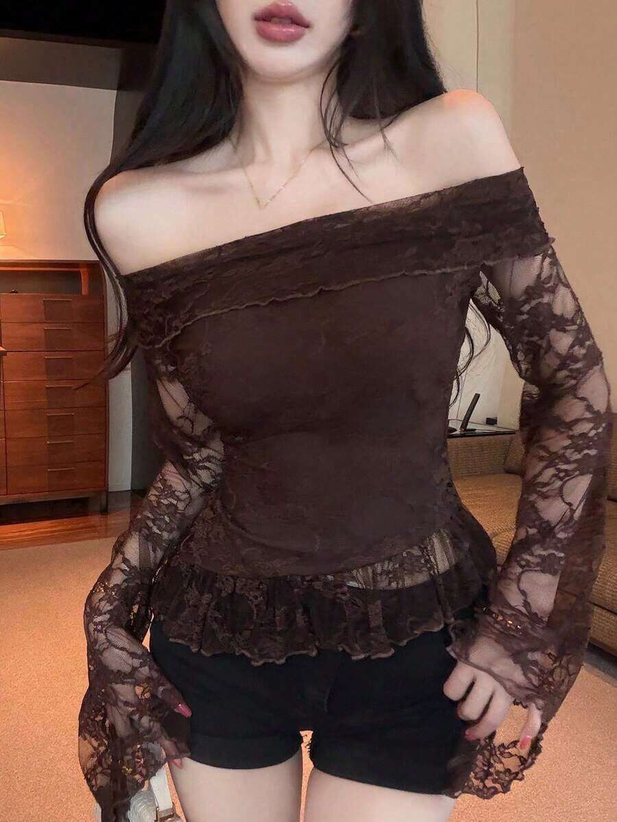 Blusa de manga larga con hombros descubiertos y malla transparente con estampado floral diminuto para mujer, ropa de mujer para salir en Pascua - Café integral - Ver 1