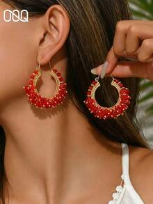 OOQ 1 Pair Minimalist C-Shaped Metal Beaded Earrings, Unique Design Versatile Fashionable Sexy Elegant Earrings For Women, Ideal Gift For Valentine's Day, New Year, Wedding Season, Mother's Day For Family And Friends (Handmade Raffia Weaving, Random Shape) - Red - View 1