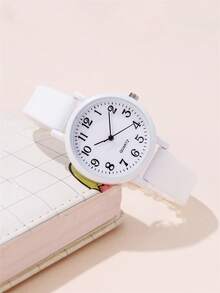 2pcs/Set Minimalist Numeric Dial Quartz Silicone Strap Watch + Bracelet, Fashion Student Watch - White - View 4