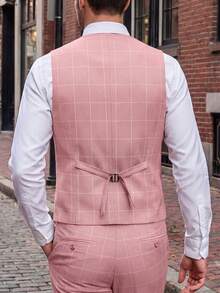 Mens 3 Pieces Suit Set Plaid Slim Fit  Checked Casual Tuxedo Formal Suits For Men Wedding Business Party Blazer Vest Pant - Hồng - Xem 4