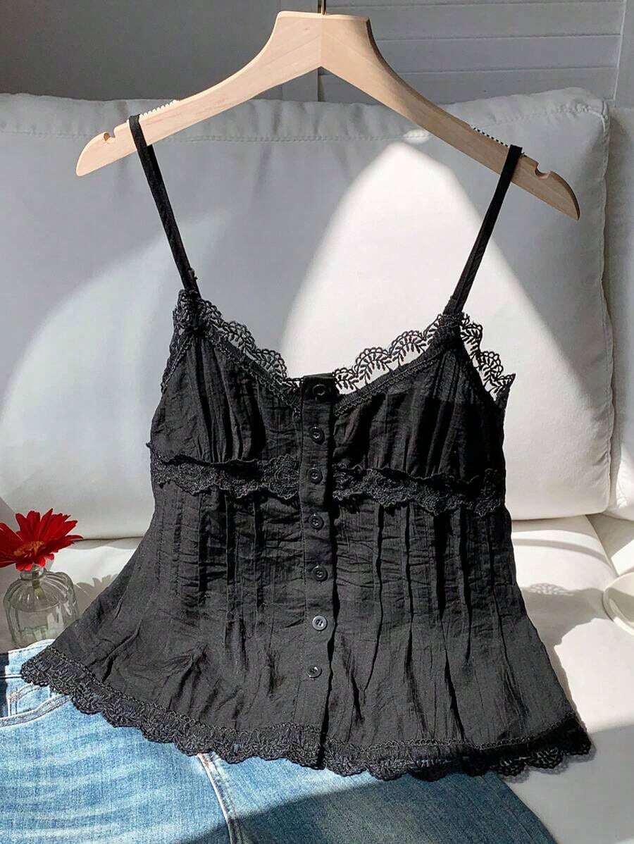 Top de tirantes de verano con diseño de botones e inserto de encaje amarillo para mujer - Negro - Ver 1