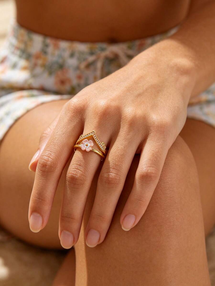 1Pc Fashion Cubic Zirconia Crown Ring For Women Gold Color Flowers Geometric Open Ring Wedding Party Jewelry Gift - Gold - View 1