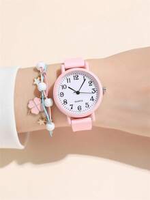 Set de 2 relojes de cuarzo con correa de silicona y esfera numérica minimalista + pulsera, reloj de moda para estudiantes - Rosa - Ver 2