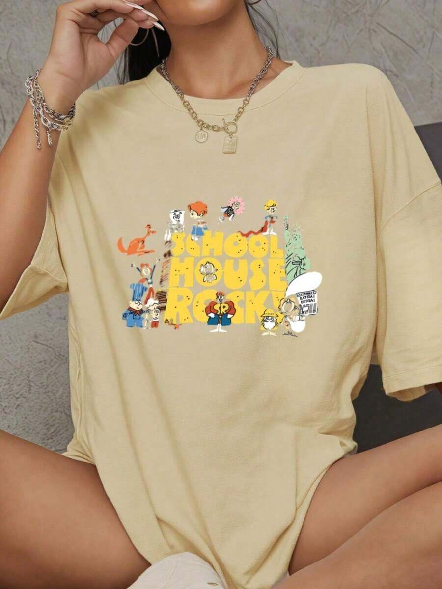 Witllent Women's T-Shirts 1 Piece 100% Cotton With Schoolhouse Rock Logo, Retro Cartoon 70s T-Shirt, Thick Cotton T-Shirt For Women, Casual Blouses For Ladies. - 杏色 - 查看 1