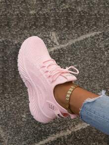 2025 New Women Solid Color Lace-Up Slip-On Sneakers, Wear-Resistant EVA Insole Tennis Shoes For Sports Hiking Autumn Winter Daily Wear - 淺粉色 - 查看 7