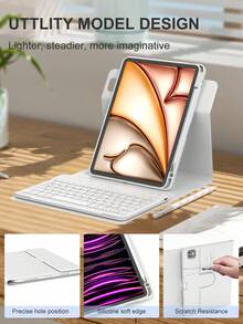 360° Rotating Keyboard Case Compatible With Ipad A16 (11th/10th Gen), 9th/8th/7th Gen (10.2"), Air (10.9"/11"), Made Of TPU Flip Cover PU Leather, Wireless Bluetooth Keyboard (150mAh Battery) And Stand Included, Silver Gray - Silver - View 4