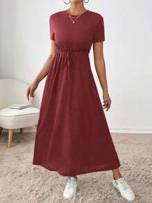 Vestido midi con cordón en la cintura, bolsillo lateral, ropa de regreso a la escuela, ropa de mujer para otoño, atuendos de maestra, vestido de despedida de soltera, vestidos casuales de mujer, vestidos midi de mujer, vestidos de trabajo de mujer, vestidos de otoño para mujer, vestidos maxi de mujer, disfraz de Halloween, vestido casual de negocios, vestidos de verano para mujer - Burdeos - Ver 5