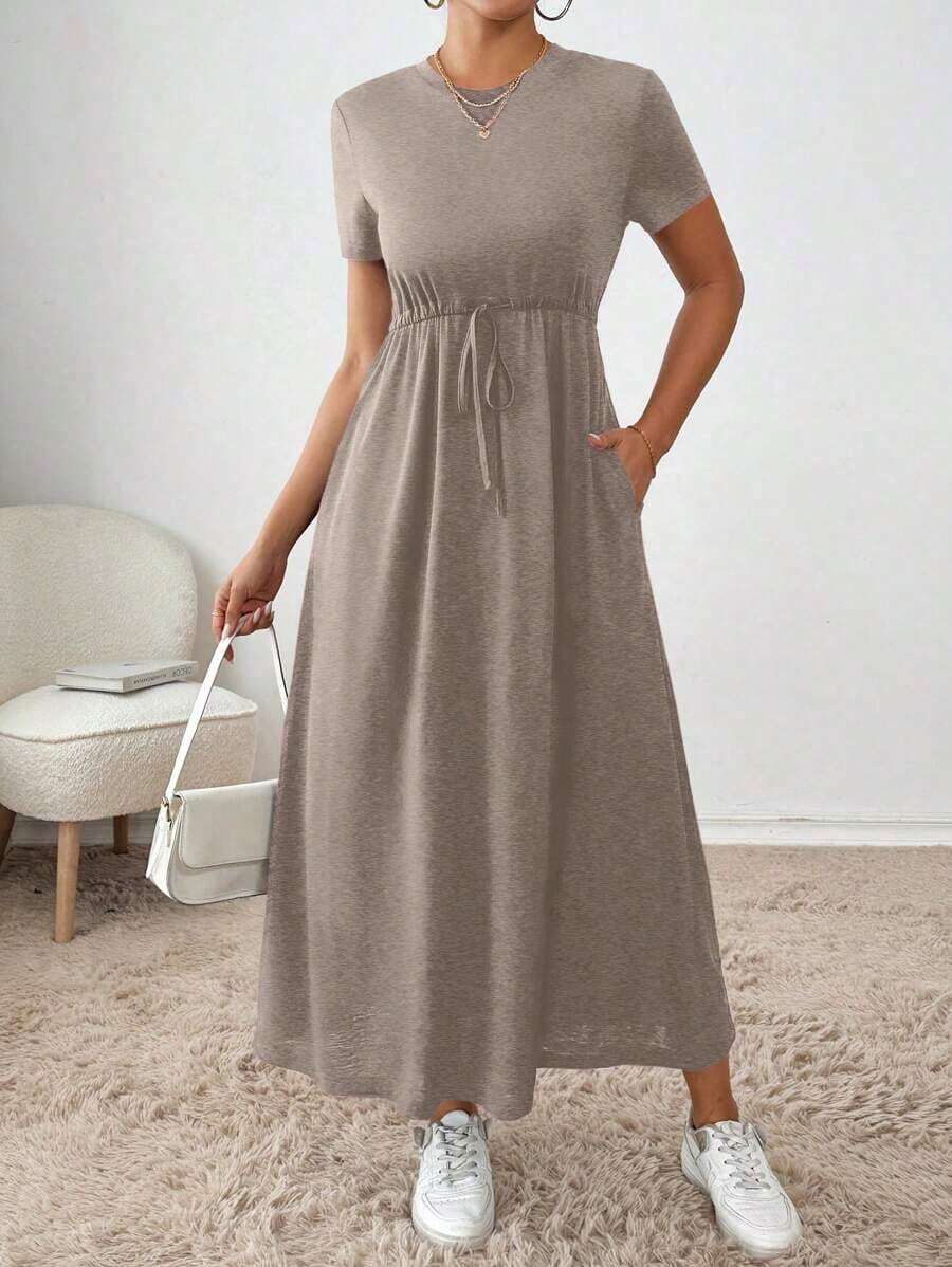 Vestido midi con cordón en la cintura, bolsillo lateral, ropa de regreso a la escuela, ropa de mujer para otoño, atuendos de maestra, vestido de despedida de soltera, vestidos casuales de mujer, vestidos midi de mujer, vestidos de trabajo de mujer, vestidos de otoño para mujer, vestidos maxi de mujer, disfraz de Halloween, vestido casual de negocios, vestidos de verano para mujer - Marrón Mocha - Ver 1
