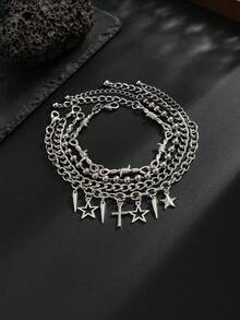 Set de 4 piezas Pulsera de cadena con cuentas y colgantes de estrella de cinco puntas hueca y remaches, estilo punk metálico para hombres - Plateado - Ver 4