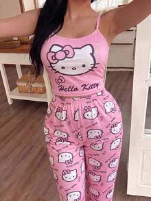 SANRIO Girly Hello Kitty Print Camisole + Long Pants Loungewear Set, Soft & Stretchy Fabric, Comfortable 2 Pieces Set Suitable For Home Sleep / Casual Relaxation / Light Outings - Watermelon Pink - View 5