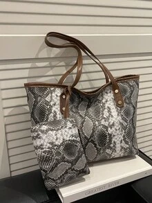 歐美風極簡大容量母女托特包 新款時尚手提包 蛇紋時尚包 - 黑色 - 查看 8