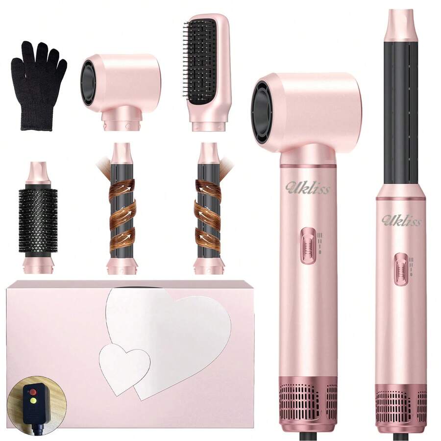 UKLISS 五合一多功能造型工具(热风梳+自动卷发器)| 5个可拆卸替换头+3档温度设置 | 自动卷发,打造沙龙级卷发/波浪/直发/柔顺造型 | 蓬松刘海,提升发根蓬松度,告别毛躁 | 可自定义造型,打造层次感/内卷 | 适合所有发质 - 美規A型插(110-127V) - 查看 1