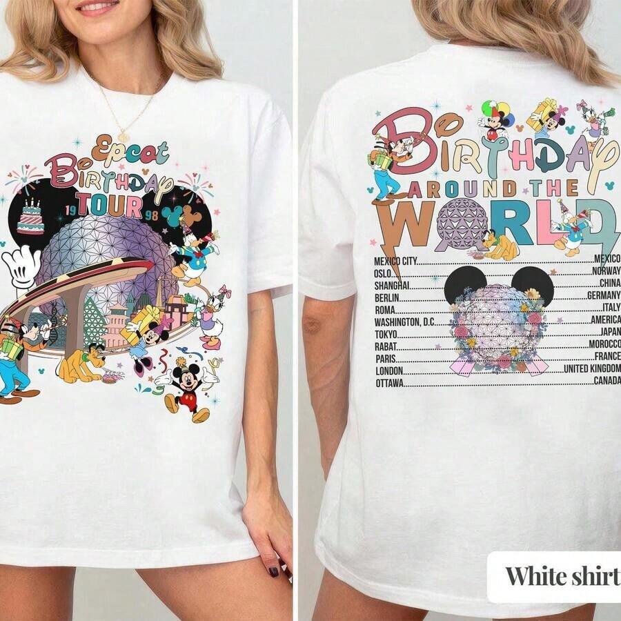 Disney 1PC Licensed "Two‑Sided Epcot Birthday Tour Around The World Mickey & Friends" Cartoon Printed Oversized T‑Shirt, Short Sleeve Tee For Disney Birthday Celebrations, Family Vacations & Theme Parks. 2026 New Style, Ideal For Family Matching Birthday Outfits, Unisex For All Ages. High‑Quality Cotton Fabric, Soft & Breathable. Front Epcot Spaceship Earth Birthday‑Themed Group Scene & Back Global Country List Print Design, The Best Gift For Disney Birthday & World Tour Vacation Lovers. - trắng - Xem 1