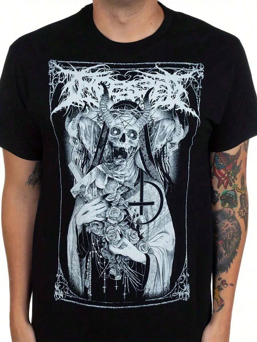 Men's T-Shirt With Gothic Horror Nun Print - Featuring A Menacing Religious Art Design Of A Nun Swallowing Hell, Made From Soft And Breathable Fabric, This Casual Short-Sleeve Crew Neck T-Shirt Is Suitable For Everyday Wear And Themed Events, Offering A Distinct Gothic Style With A Comfortable Fit For All Seasons. Women's Summer Sets - 黑色 - 查看 1