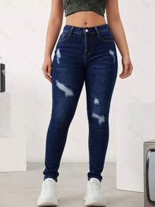 Skinny Stretch Jeans With Rips, Casual Youth Style - Deep Blue - View 2