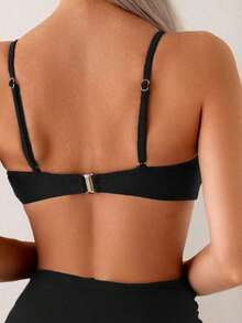 Swim Chiccia Conjunto de bikini marrón de cintura alta con control de abdomen, correa con cuentas y hebilla de metal elegante para vacaciones de mujer, primavera/verano 2025 - Negro - Ver 5